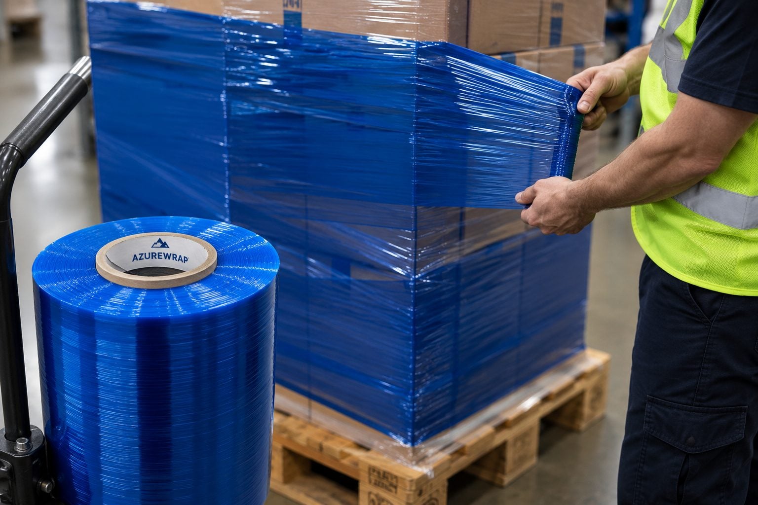 Custom printed anti-theft branded stretch wrap on a secured pallet