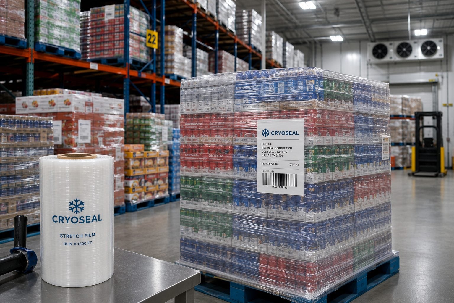 Branded stretch wrap on food and beverage distribution pallets