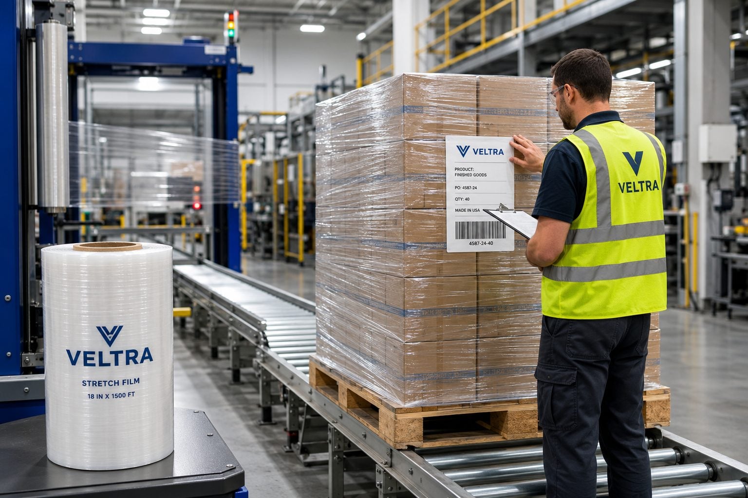 Custom printed machine stretch film on a manufacturing line pallet wrapper