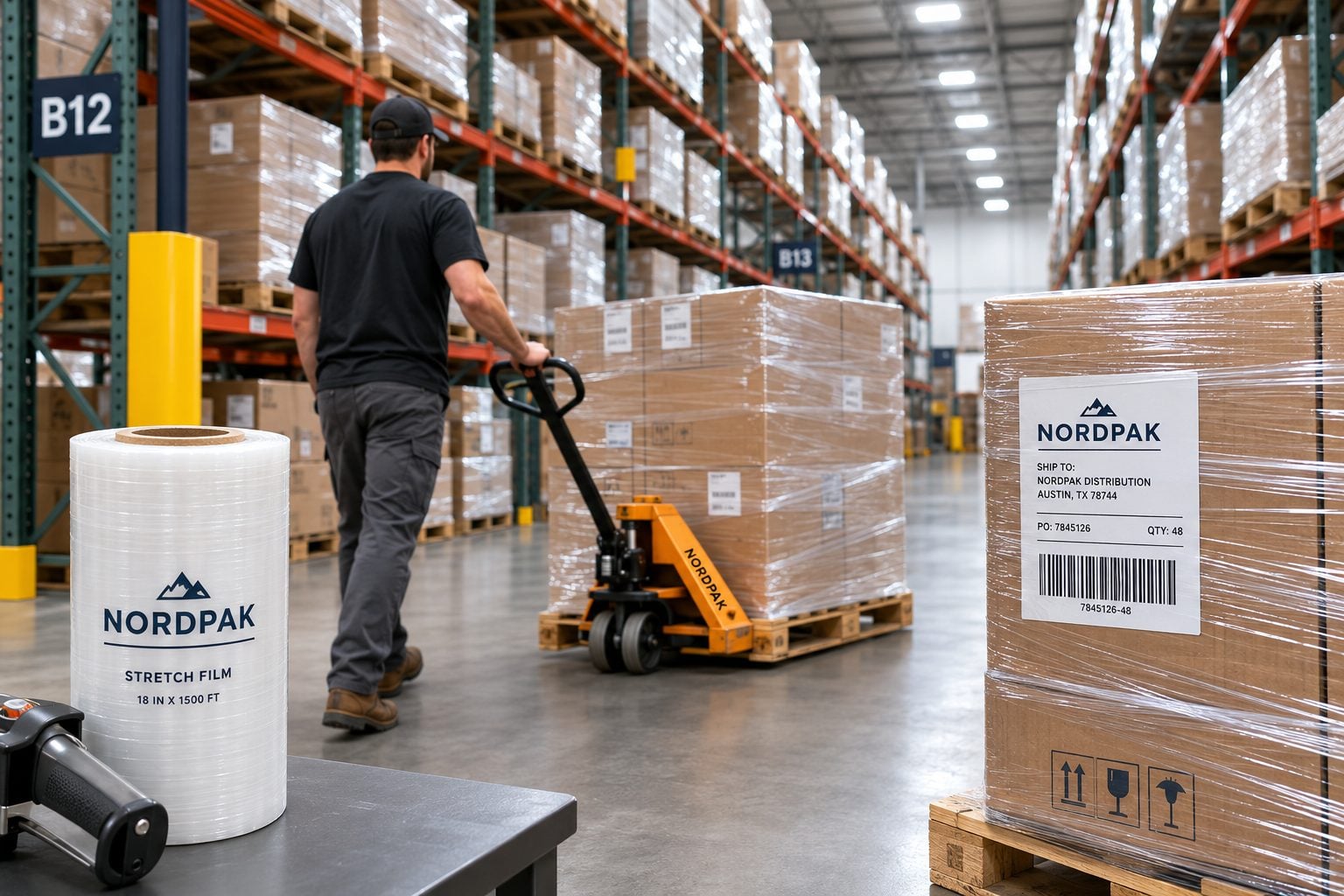 Branded stretch wrap on pallets in a warehouse and 3PL fulfillment center