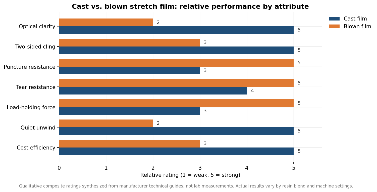Grouped bar chart comparing cast and blown stretch film across seven performance attributes