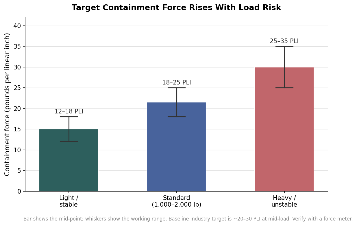 Bar chart of target stretch wrap containment force in pounds per linear inch by load type, from about 12-18 PLI light to 25-35 PLI heavy